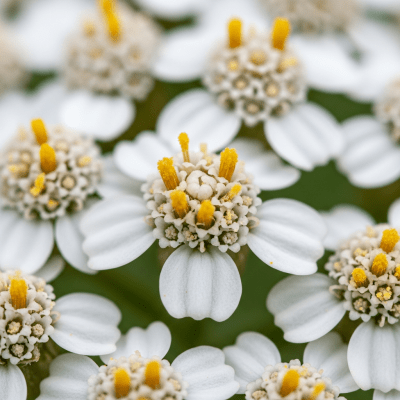 Detailed macro image of a Yarrow (flowers), focusing on the intricate structure of petals, stamens, and pistil
