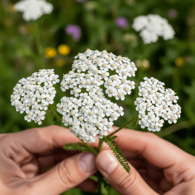Photograph of a Yarrow (flowers) being held or interacted with by a person in a gentle way