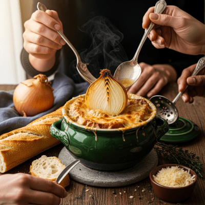 A cultural representation of a Yellow onion (onions) featured in a traditional dish or meal setting