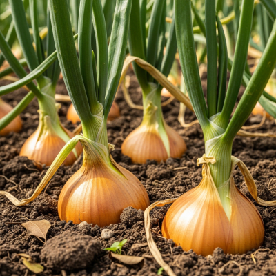 A photograph of a Yellow onion (onions) in its natural environment or growing in soil