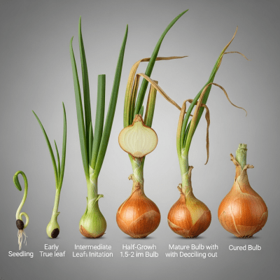 An image showing multiple stages of growth for a single type of Yellow onion (onions), from seedling to mature bulb