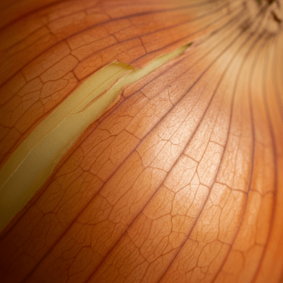 A macro photograph highlighting the surface texture and skin details of a Yellow onion
