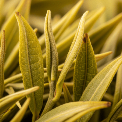 Macro photograph focusing on the texture and details of Yellow Tea leaves, within the taxonomy teas