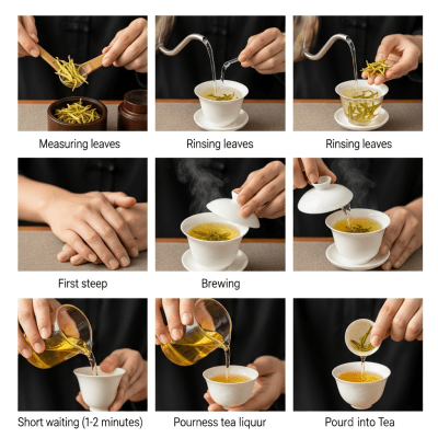 Step-by-step visual depiction showing the preparation process for Yellow Tea, within the taxonomy teas