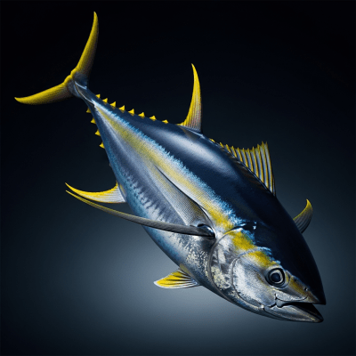 A striking, editorial-style image of a single Yellowfin Tuna, from the taxonomy fish.