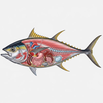 Detailed anatomical illustration of a Yellowfin Tuna, part of the taxonomy fish
