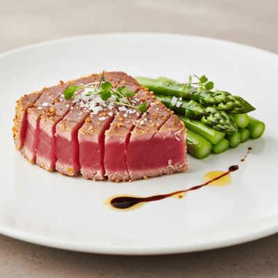 A culinary presentation featuring a prepared dish made with Yellowfin Tuna, of the taxonomy fish