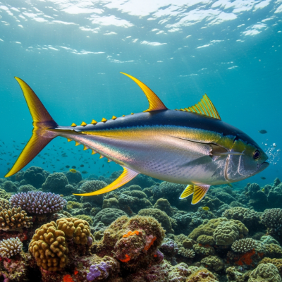 Underwater scene featuring a single Yellowfin Tuna