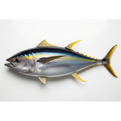 High-resolution studio photograph of a single Yellowfin Tuna, belonging to the taxonomy fish