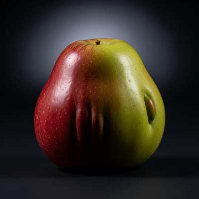 Editorial-style image of a single York Imperial from the taxonomy apples, dramatically lit against a dark gradient background to highlight color and texture.