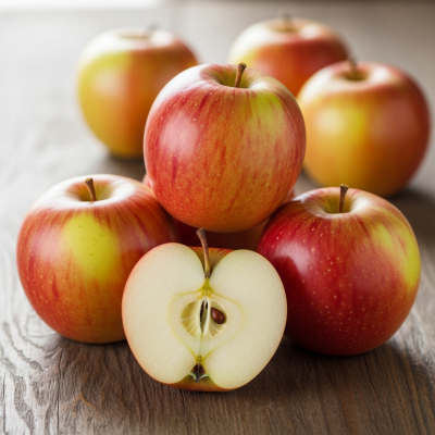 A simple arrangement showing several whole and one cut-open York Imperial, displayed on a wooden surface