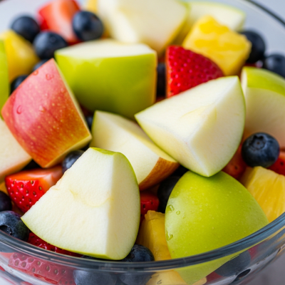 A photograph of a freshly sliced York Imperial of the taxonomy apples, presented as part of a fruit salad in a clear bowl