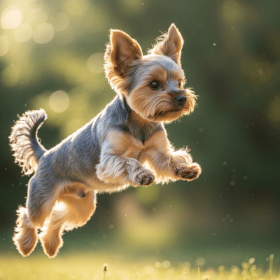 Full body action shot of a Yorkshire Terrier