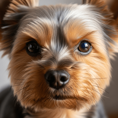 Close-up photograph of the face of a Yorkshire Terrier