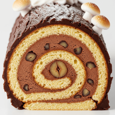 Detailed cross-sectional view of a sliced Yule Log (cake), showing internal layers, textures, and ingredients