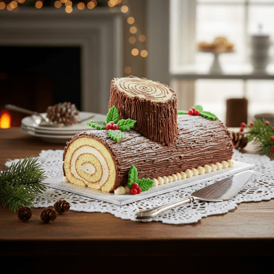 A realistic image of a whole Yule Log (cake) displayed on a classic dessert table in a home or bakery setting