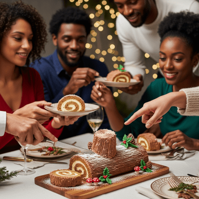 A scene showing the Yule Log (cake) being served or enjoyed at a festive occasion, such as a birthday party or wedding