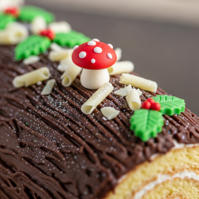 Close-up macro photograph of the surface texture and decoration of a Yule Log (cake)