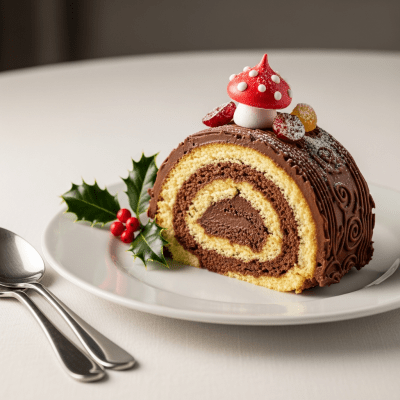 An image of a single slice of Yule Log, from the cake taxonomy, isolated on a plate with simple cutlery
