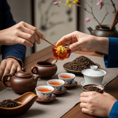 Image showing Yunnan Black Tea prepared and served in its typical cultural context