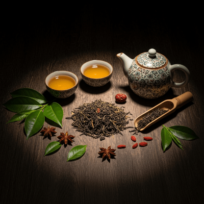 Aesthetic hero shot of Yunnan Green Tea, of the taxonomy teas.