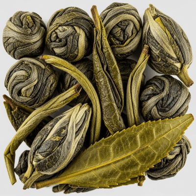 Macro photograph focusing on the texture and details of Yunnan Green Tea leaves, within the taxonomy teas