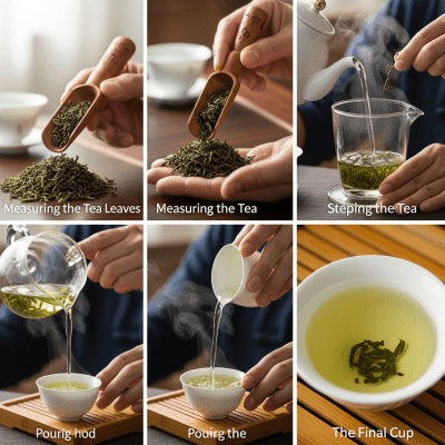 Step-by-step visual depiction showing the preparation process for Yunnan Green Tea, within the taxonomy teas