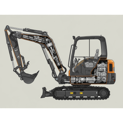 Detailed cross-sectional illustration of a Zero-tail-swing (compact-radius) hydraulic excavator from the excavators taxonomy