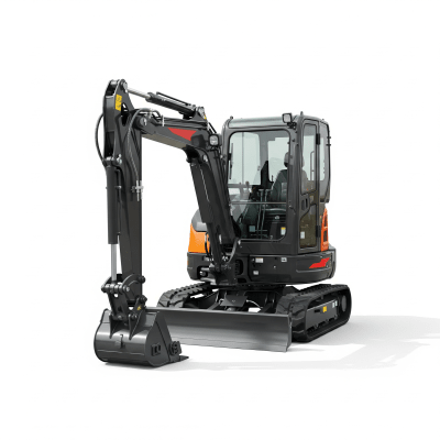 High quality studio photograph of a single Zero-tail-swing (compact-radius) hydraulic excavator from the excavators taxonomy