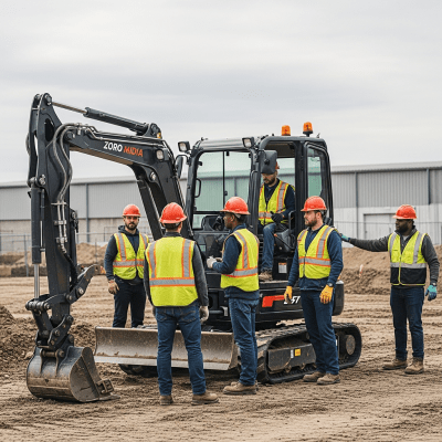 Image of a diverse group of construction workers operating or interacting with a Zero-tail-swing (compact-radius) hydraulic excavator from the excavators taxonomy