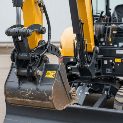 A close-up photograph focusing on the bucket and arm of a Zero-tail-swing (compact-radius) hydraulic excavator (excavators), showing details such as hydraulic lines, metal textures, and wear marks