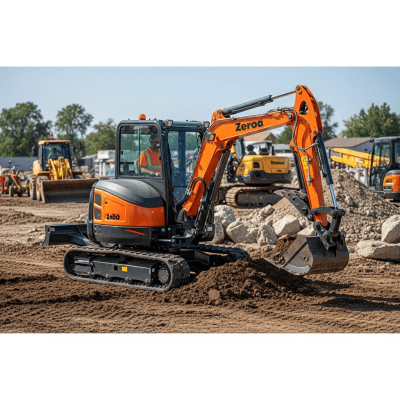 A realistic image of a Zero-tail-swing (compact-radius) hydraulic excavator (excavators) at work on a construction site, surrounded by soil, rocks, and machinery