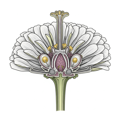 Cross-sectional illustration of a Zinnia (flowers), showing internal parts such as stem, petals, and reproductive organs