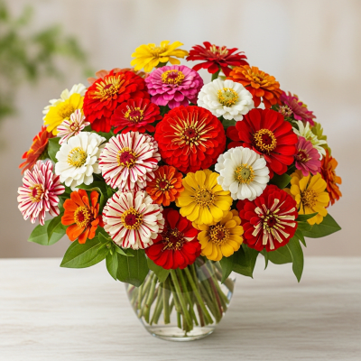 Image of a Zinnia (flowers) arranged in a traditional bouquet or floral arrangement