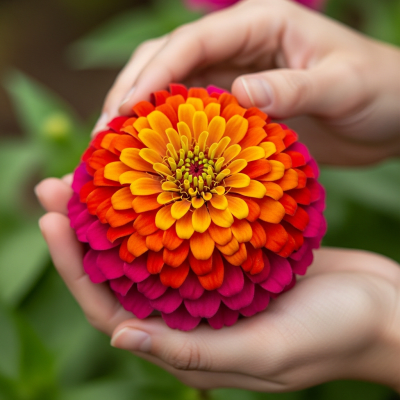Photograph of a Zinnia (flowers) being held or interacted with by a person in a gentle way