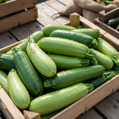 Image showing freshly harvested Zucchini, displayed in a farmer's market basket or crate