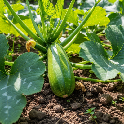 Naturalistic image of a Zucchini in its typical growing environment, as found in nature or a cultivated garden