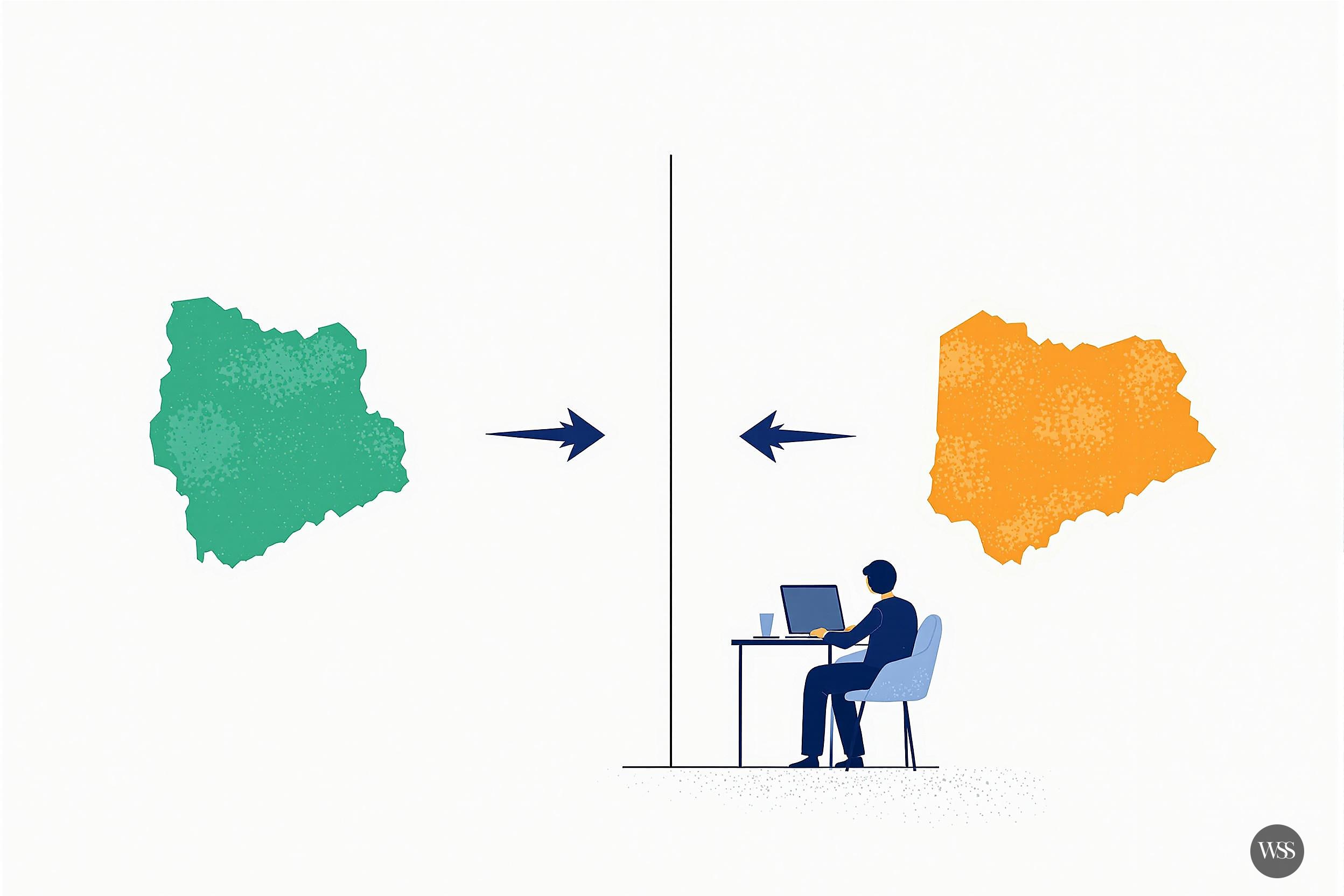 Person at desk with laptop between two maps, one green and one orange, with arrows pointing between them