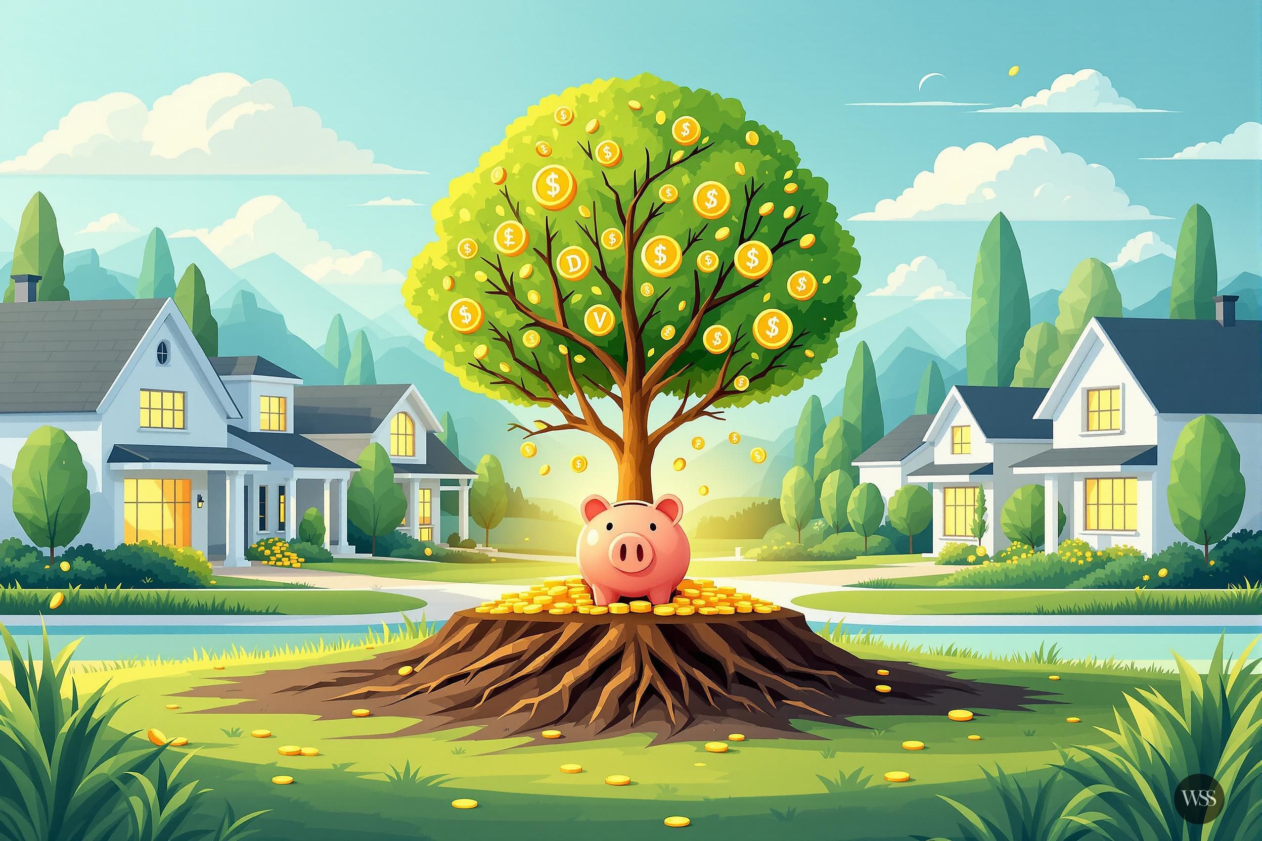 Piggy bank at base of tree with money for leaves in suburban neighborhood