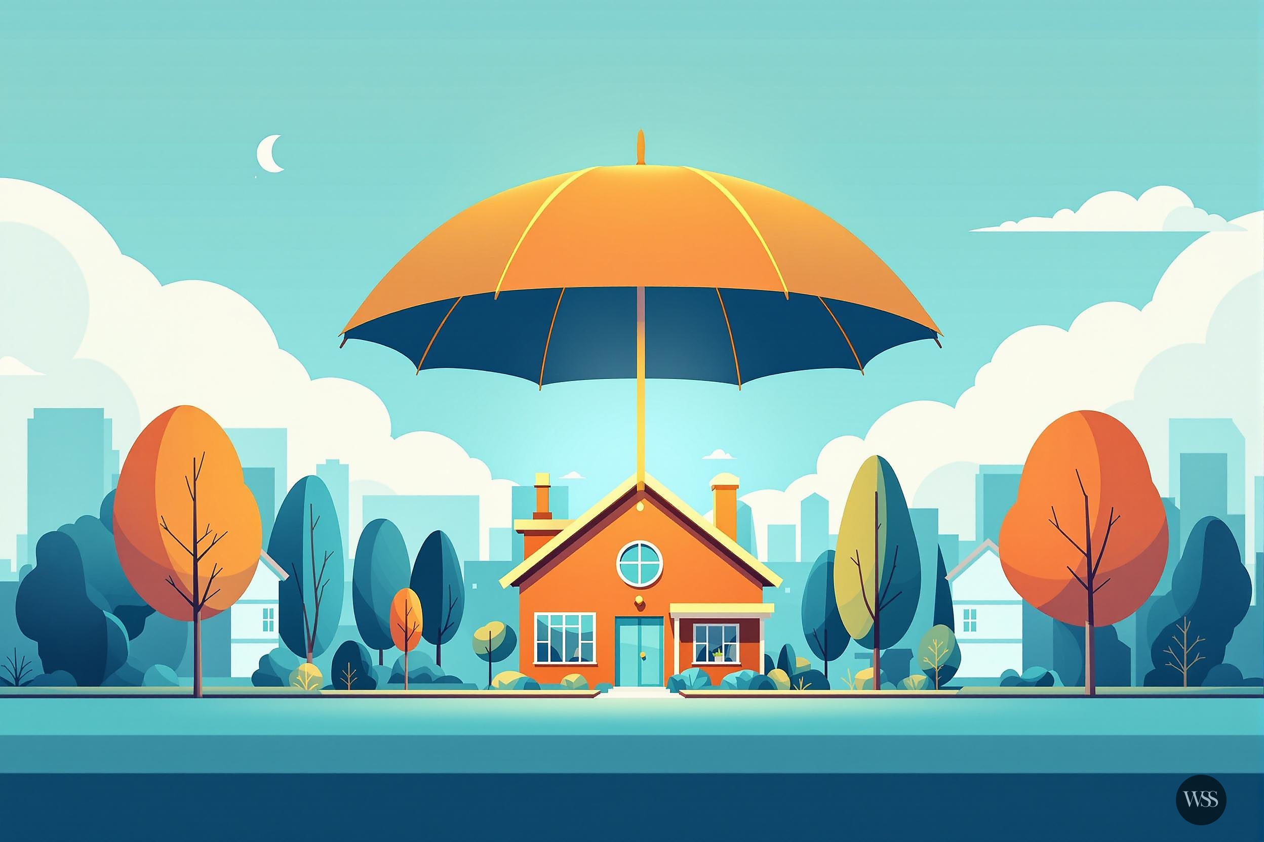 Orange house with large umbrella above it in suburban setting with trees and buildings