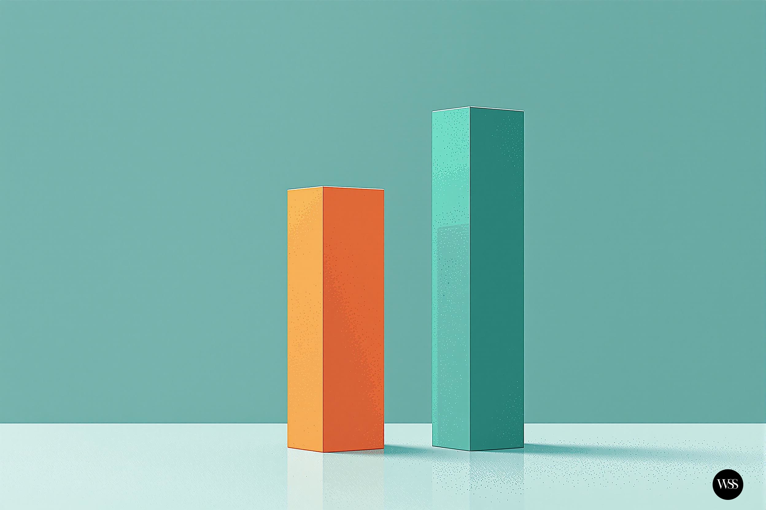 Two rectangular blocks on a surface one orange and one teal against a teal background