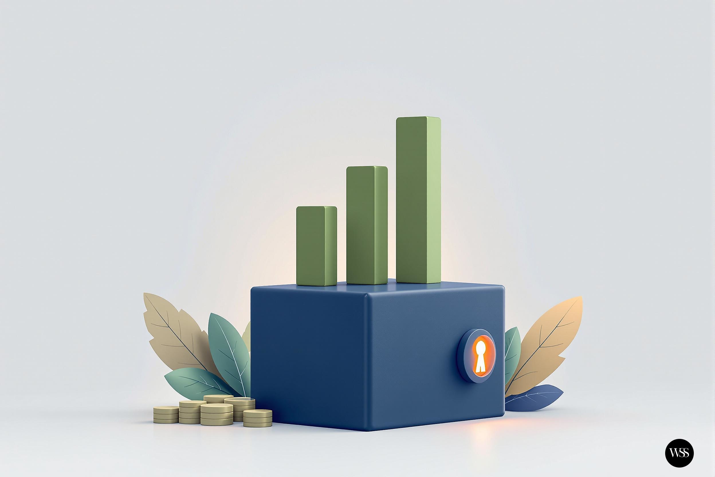 Blue box with three green bars of varying heights on top, surrounded by leaves and coins