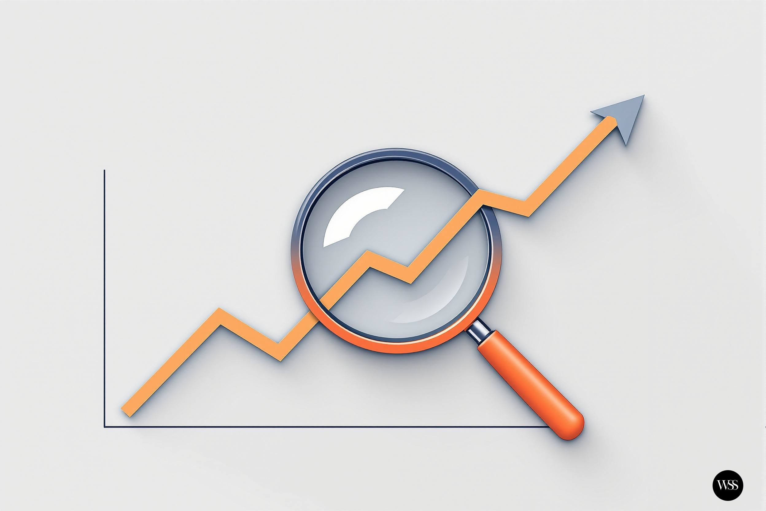 Magnifying glass over an upward trending line graph