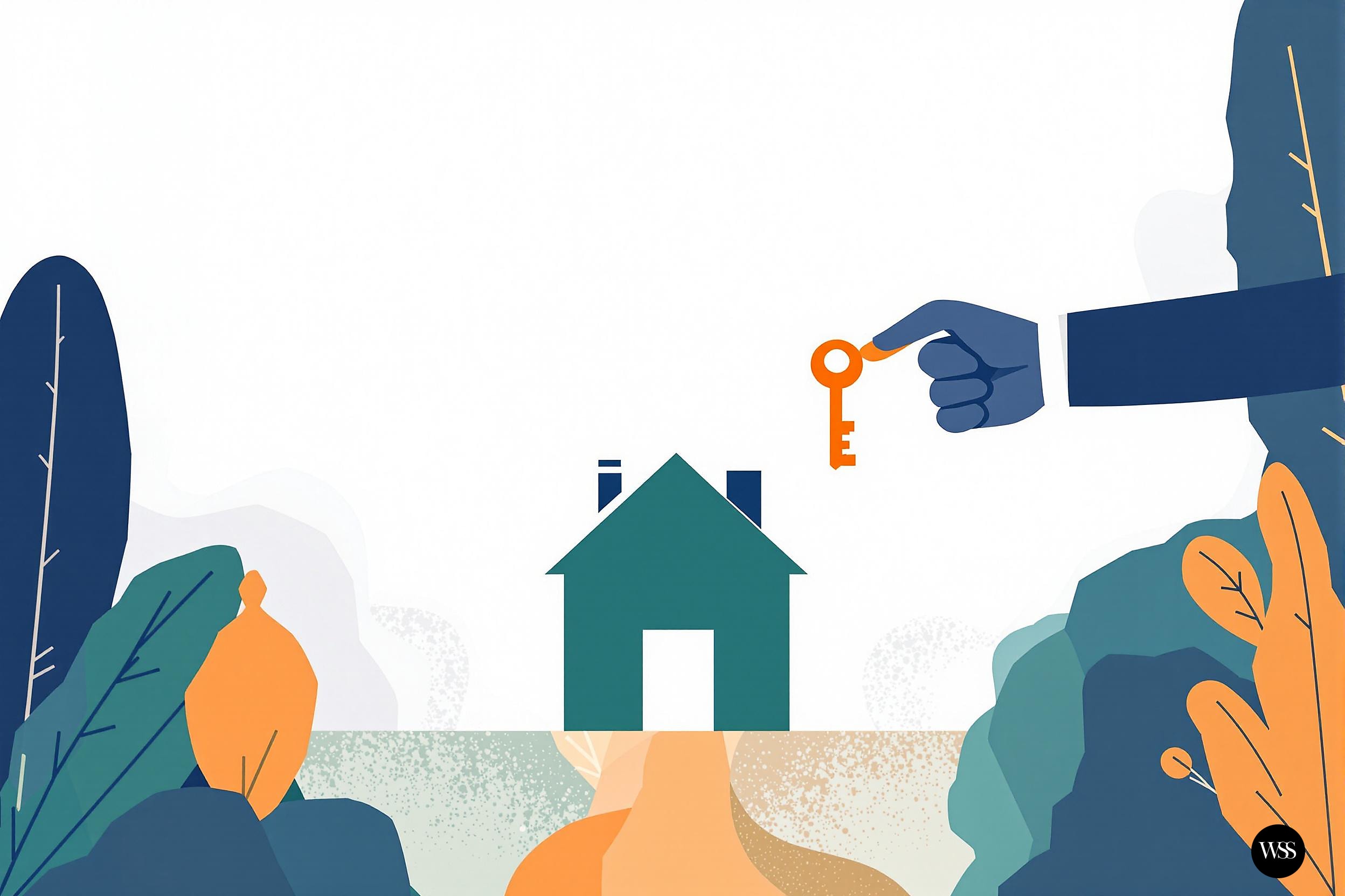Hand holding key over house with path and foliage