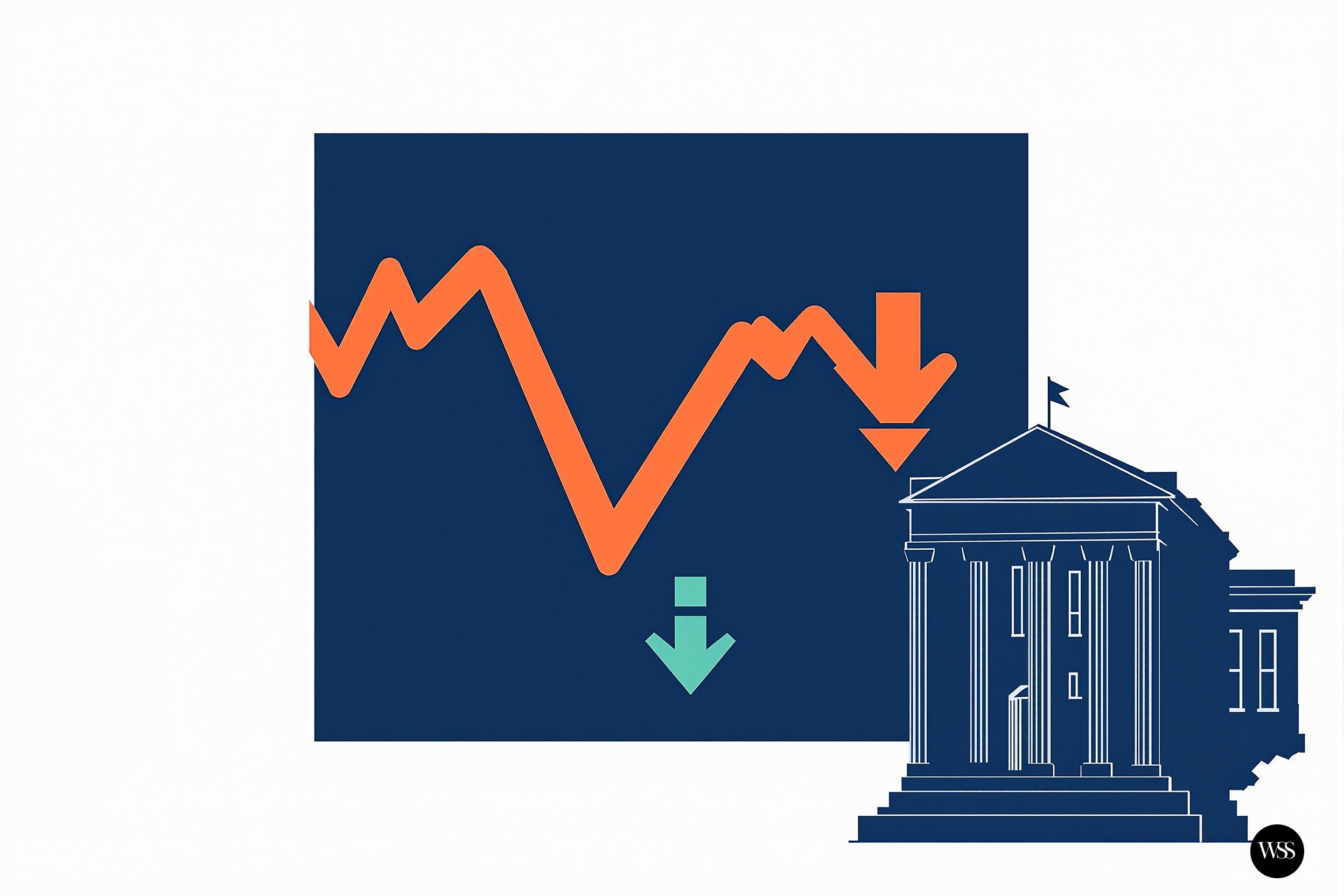 Graph showing a downward trend with an arrow pointing down next to a government building