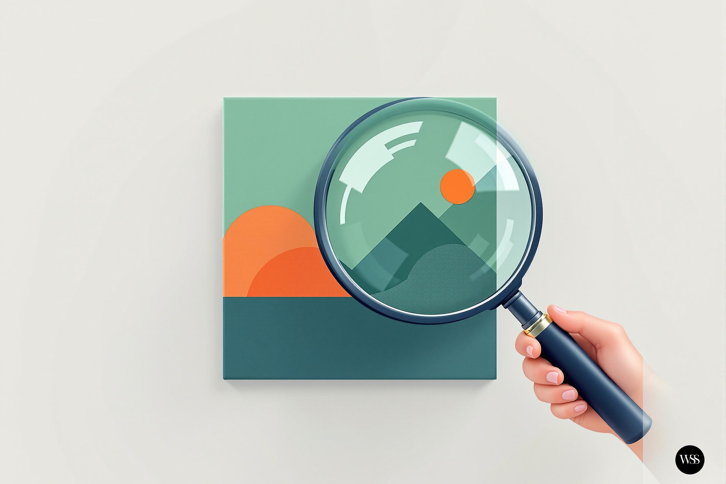 Hand holding magnifying glass over abstract painting of mountains and sun
