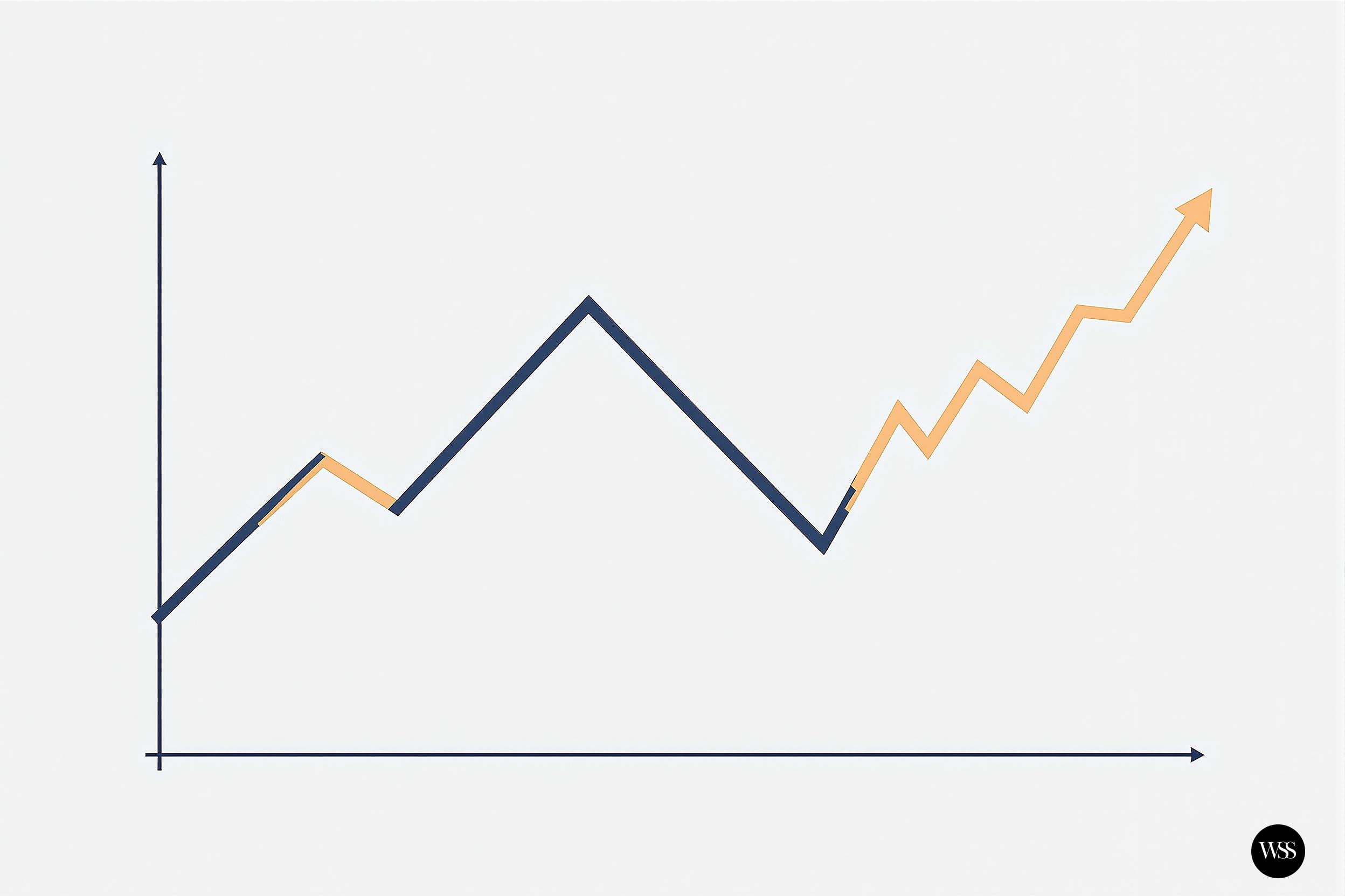 Line graph showing an upward trend with a peak and then a continued rise