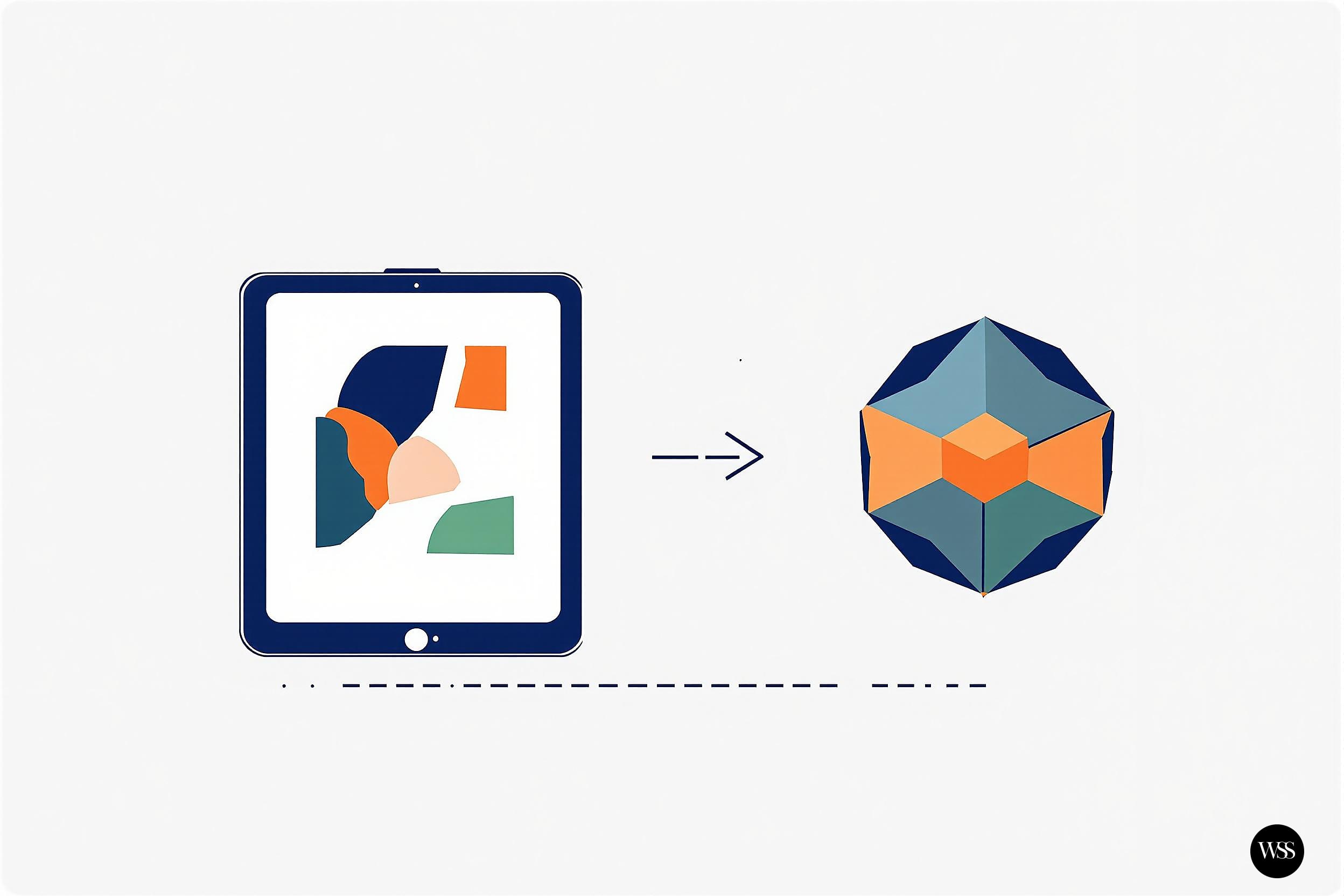 Tablet displaying abstract shapes next to a 3D geometric shape with an arrow between them