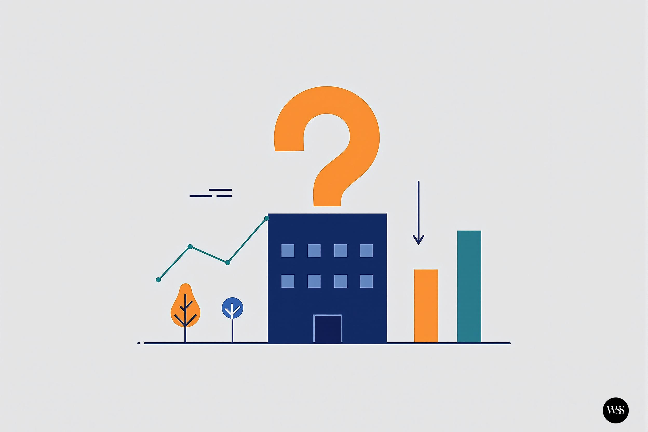 Illustration of a building with a question mark above it, graphs and bars on either side