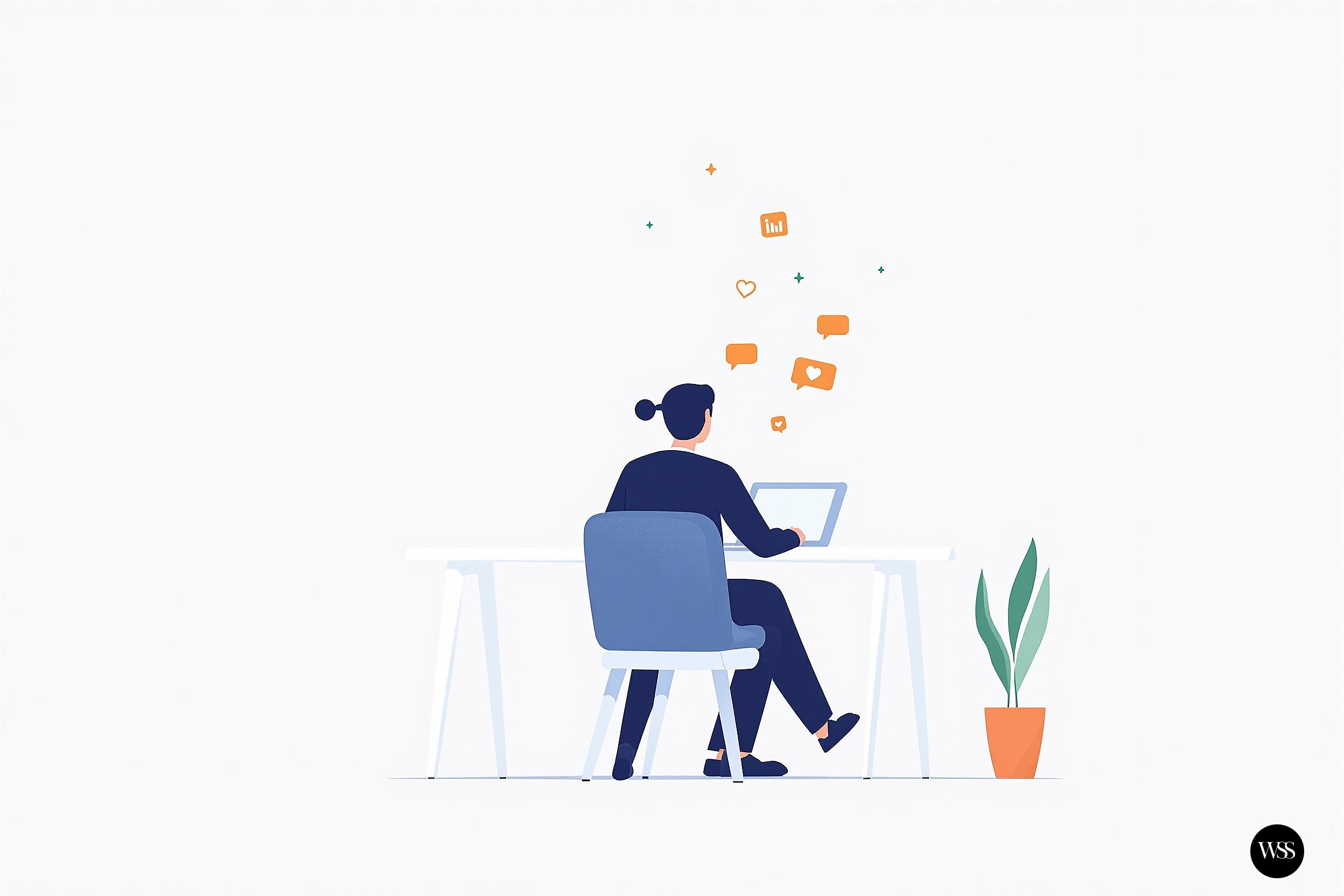 Person sitting at desk using laptop with notification icons above